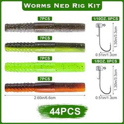 Goture Kit de señuelos de gusanos flotantes, 44 cabezales de plantilla, cebos blandos, anzuelos flotantes sin malezas, para lubina/trucha en agua dulce y salada