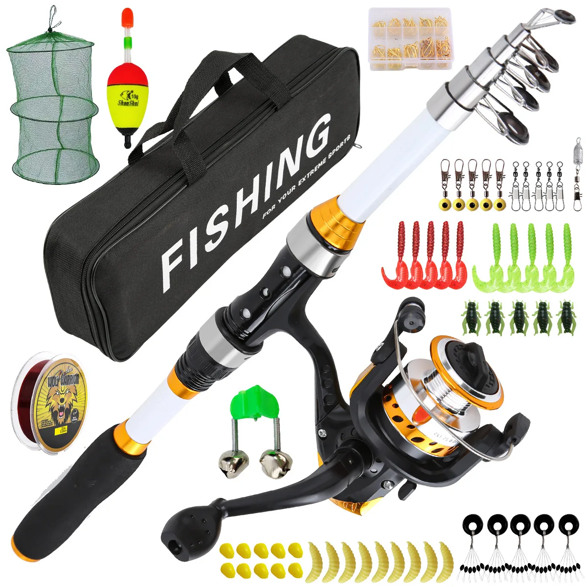 Caña de pescar de 1,8 M, carrete giratorio, caña de pescar telescópica, agua salada, agua dulce, viajes, Señuelos de Pesca, anzuelos, Kit completo