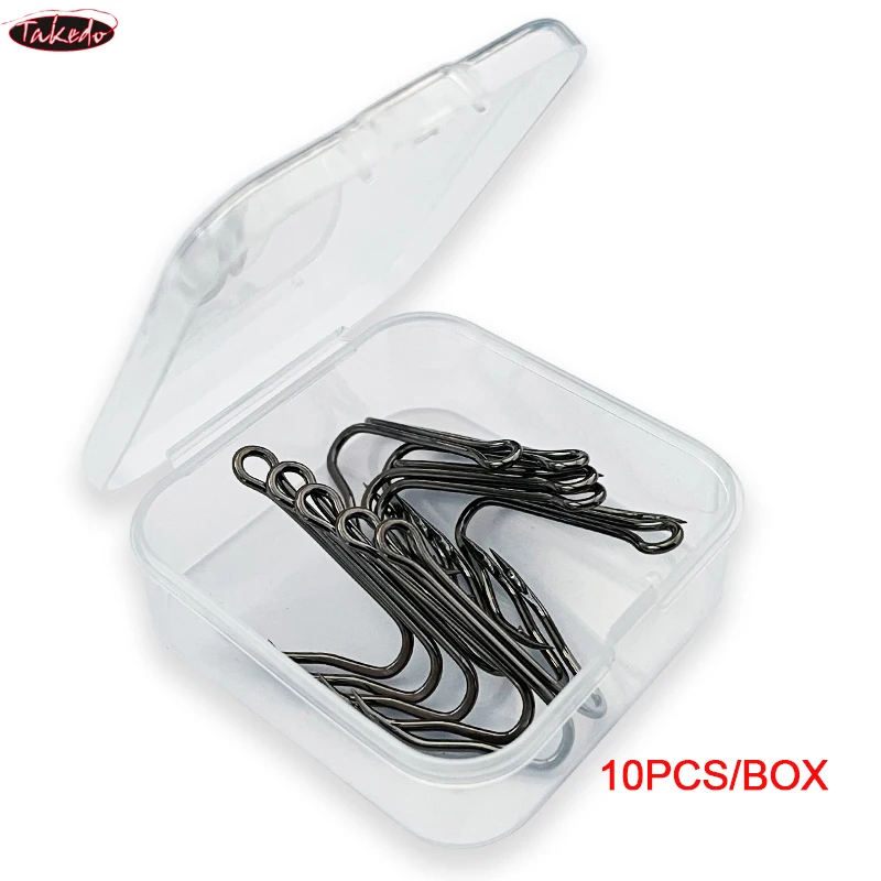 TAKEDO 6 #   - 1/0 gancho doble de mango corto 3551 anzuelo de níquel negro 2X anzuelo de pesca de acero rico en carbono de fuerza para señuelo de rana - imagen 5
