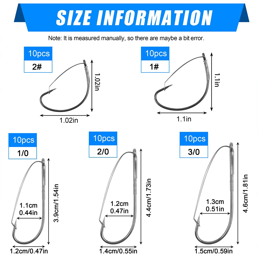 50 Uds. Anzuelos de aparejo loco sin malezas, Kit de anzuelos de pesca de lubina, anzuelos de gusano de espacio ancho de acero rico en carbono para aparejos locos, cebos blandos - imagen 2