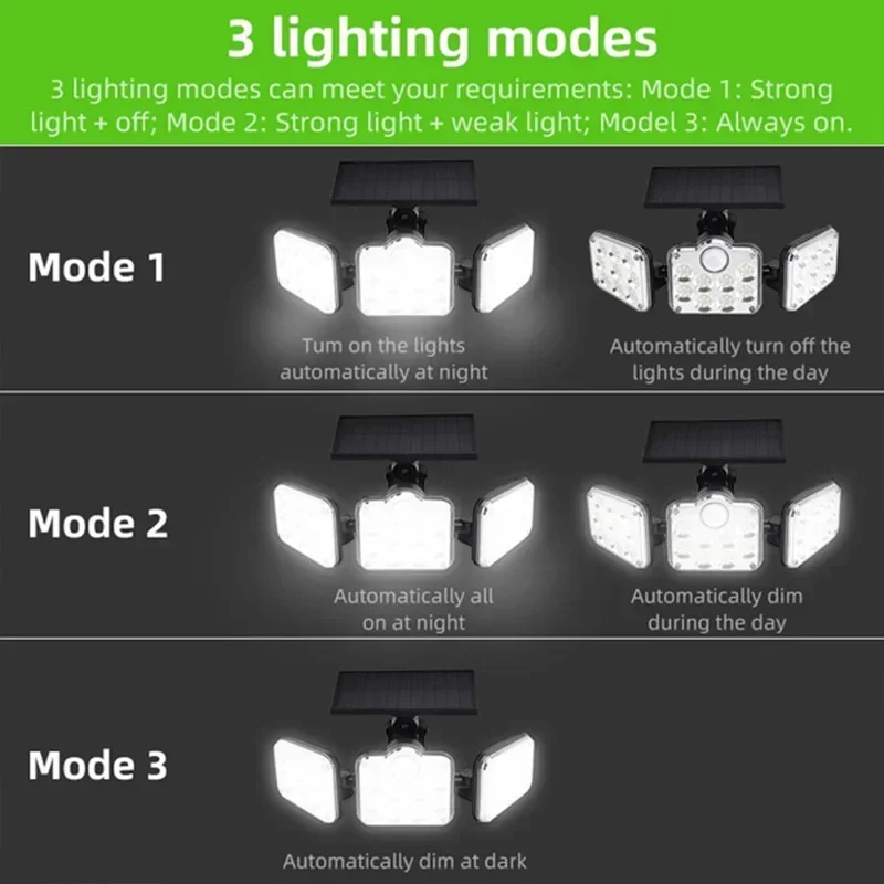 Luces solares con Sensor de movimiento para exteriores, lámpara de pared con cabeza ajustable de inducción humana, impermeable IP65, 138LED, novedad - imagen 3