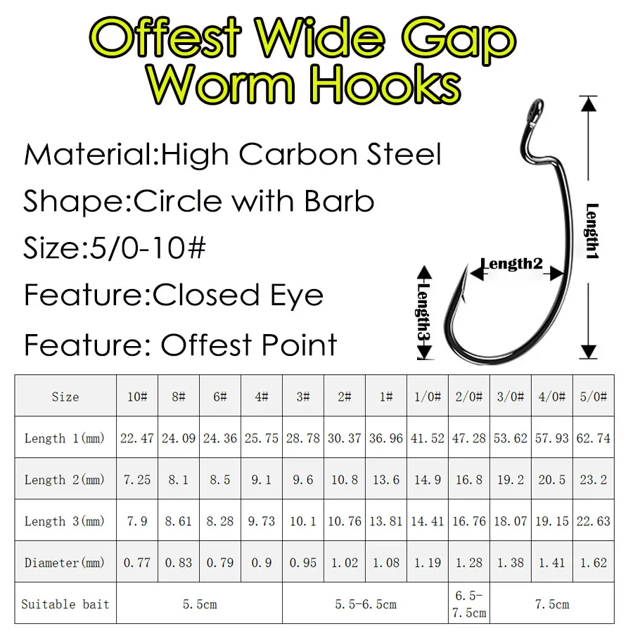 Anzuelo de manivela Offset de pesca, gancho de gusano de gran espacio, negro, acero de alto carbono, con púas, para señuelo de pesca suave 5/0-10 # - imagen 5