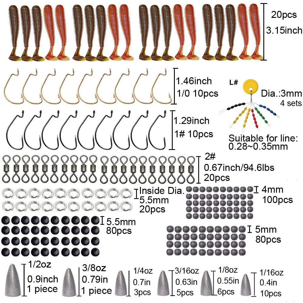 Kit de aparejos de pesca de lubina que incluye Bullet Worm, plomo de peso, señuelos de gusano blando, anzuelos giratorios, cuentas de anillo dividido, 370 unids/lote por caja - imagen 2