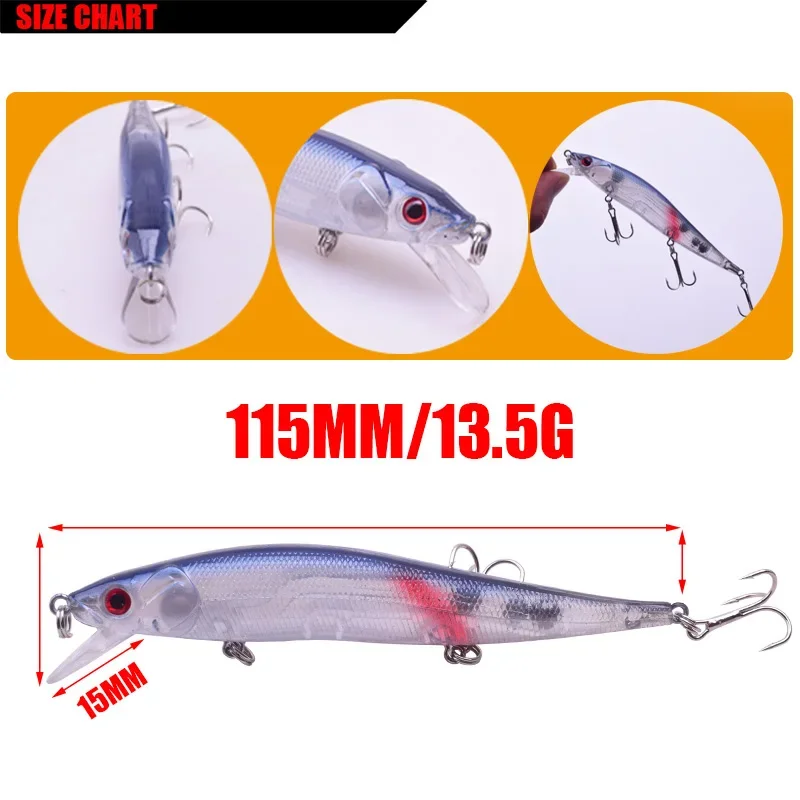 Señuelo de pesca Minnow, 1 unidad, 11,5 cm, 13,5g, Wobbler flotante, cebo duro Artificial de plástico para lubina, carpa, Lucio, aparejos de pesca