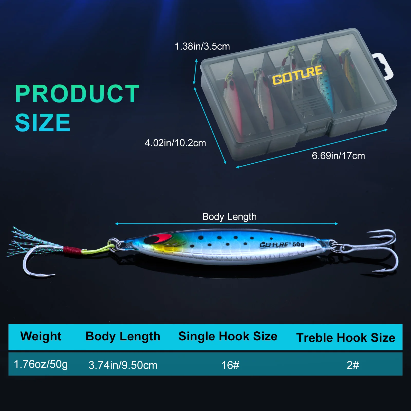 Goture-señuelo de Metal para agua salada, 5 uds., 40g, 50g, 60g, hundimiento lento, Jigging, señuelo de pesca, cuchara, cebo Artificial fundido de mar, aparejos con caja - imagen 2