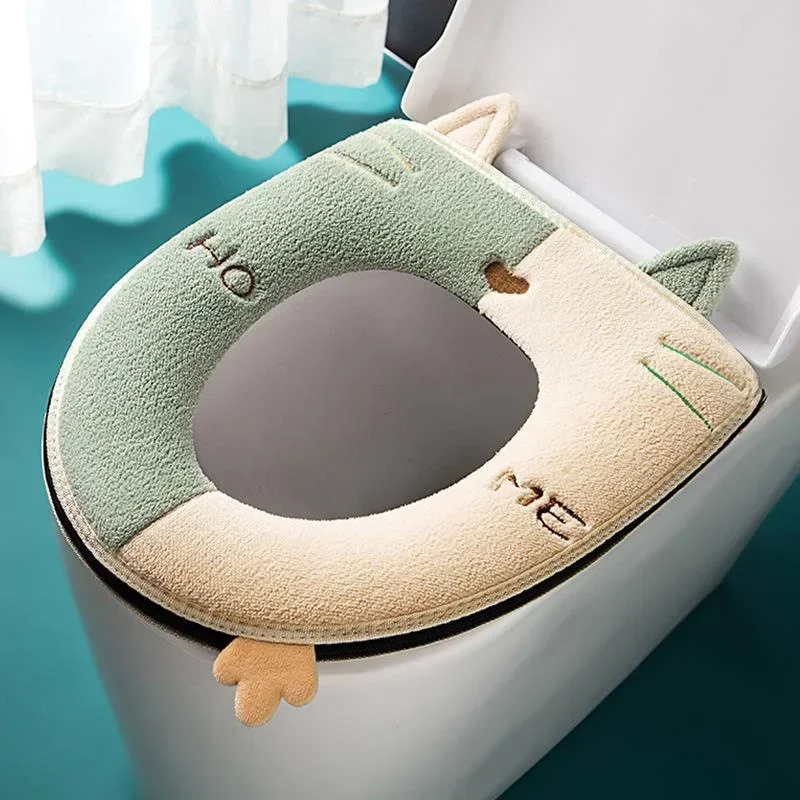 Cubierta de asiento de inodoro Universal, alfombrilla de inodoro con asa, almohadilla en forma de gato, doble Color, accesorios de baño - imagen 2