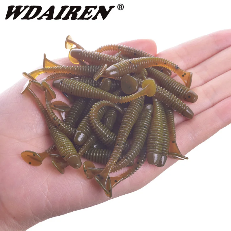 Lote de 50 unidades de señuelos de pesca giratorios de silicona, cebo Artificial de gusano suave de 5cm y 0,8g, aparejos Swimbait para lubina de agua dulce y salada