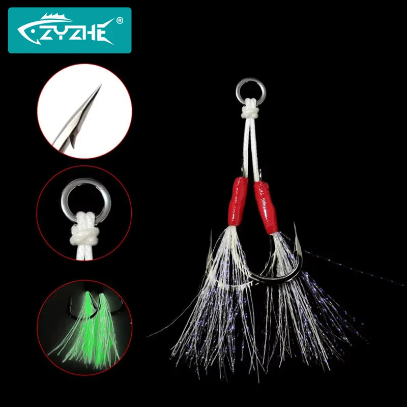 ZYZHE Anzuelo JIG doble luminoso con pluma – Acero alto carbono