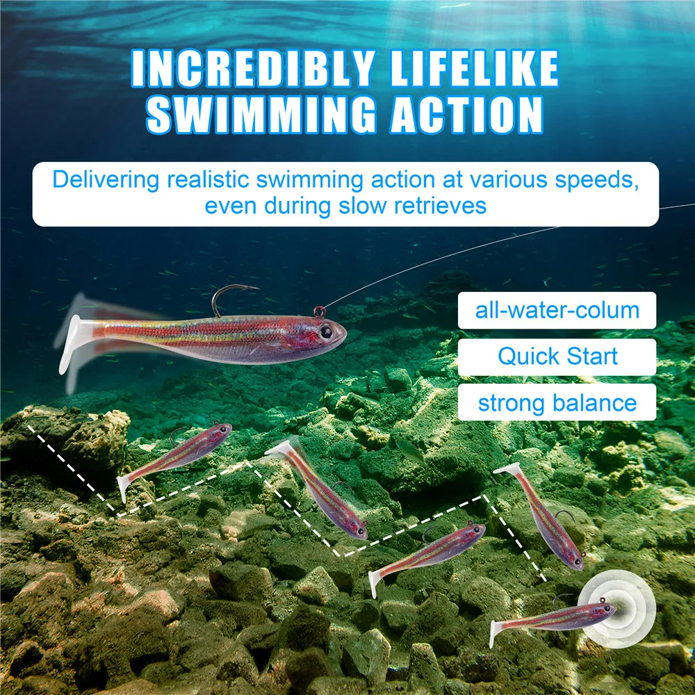 Señuelos de pesca blandos preinstalados, cola de paleta de 7cm/9cm, Swimbaits, cabezas de plantilla de pesca tipo bala para señuelos de trucha lubina, 6 uds. - imagen 5