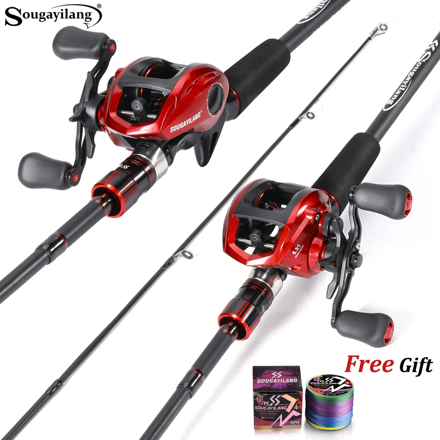 Sougayilang Set Caña y Carrete Baitcasting 6.3:1 con Línea Trenzada