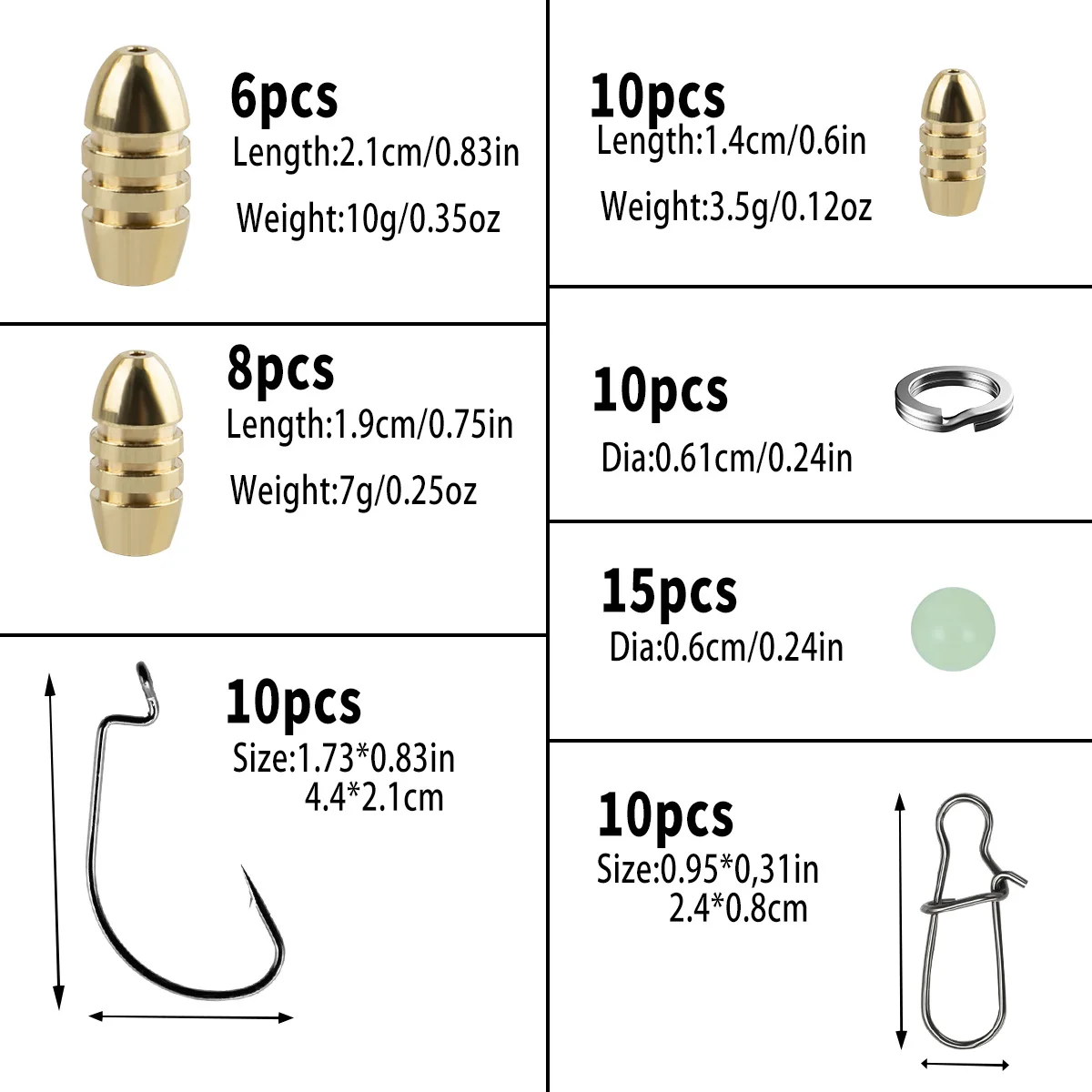 Juego de plomos de pesca con pesas de latón, anzuelos de plantilla, conector de anillo giratorio de pesca, caja de plástico - imagen 2