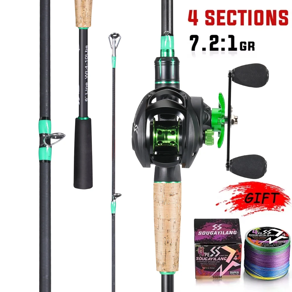 Kit de carrete de caña de pescar Sougayilang, caña de fundición de fibra de carbono de 1,8-2,1 m y relación de engranaje 7,2: 1, carrete de Baitcasting, arrastre máximo de 10kg para lubina