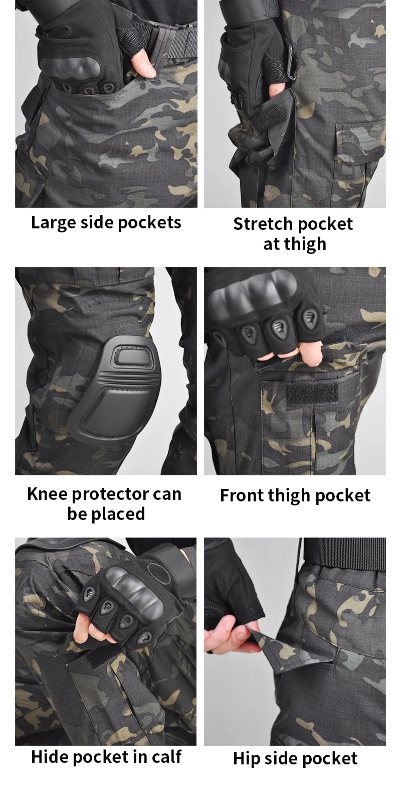 Un par de pantalones de camuflaje con varias características destacadas. Aquí hay un desglose de lo que muestra cada parte de la imagen:

1. La imagen superior izquierda muestra un bolsillo lateral grande en los pantalones.
2