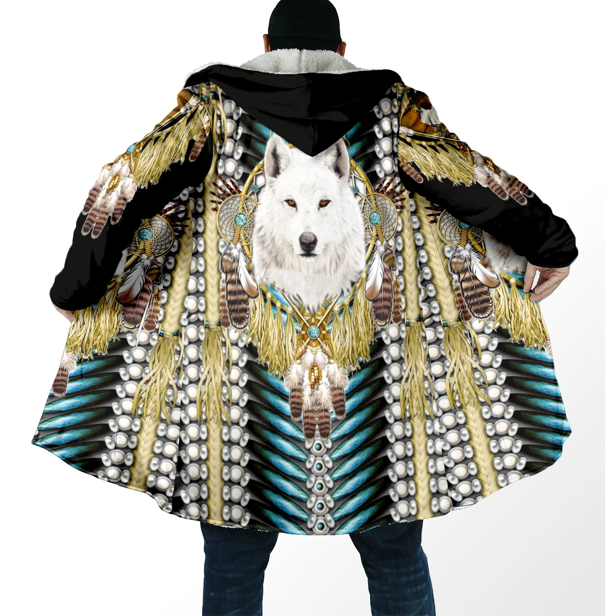Capa de moda de invierno para hombre, capa con capucha de lana gruesa con estampado de animales de lobo nativo, capa cálida informal Unisex DP84