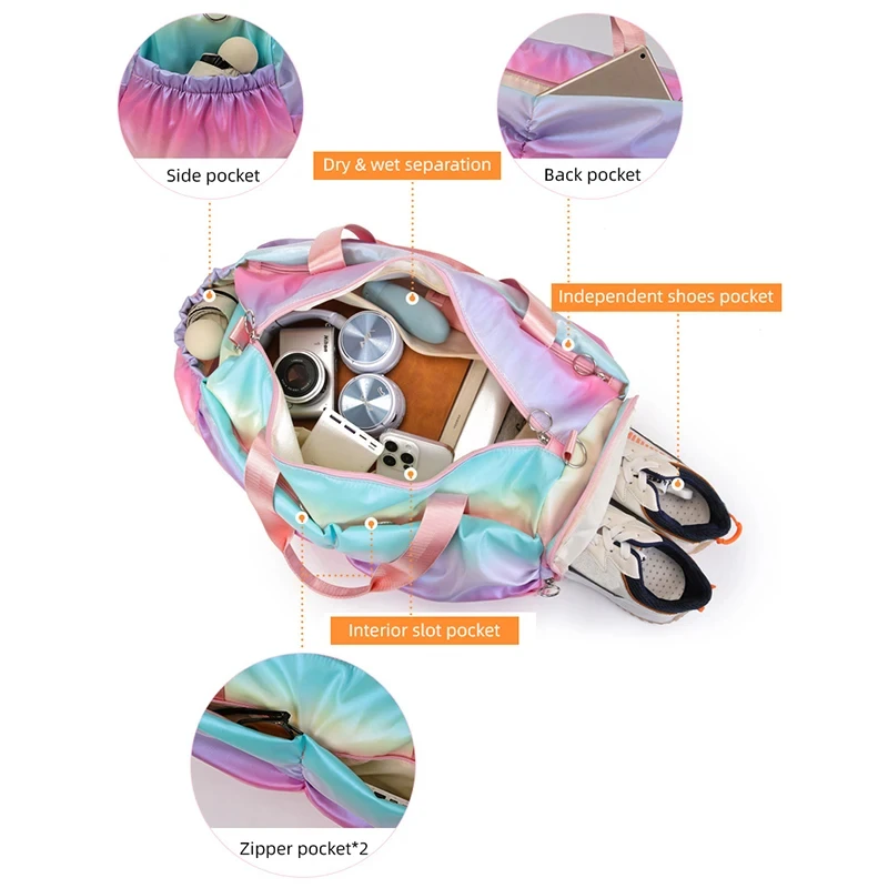 Bolsa de gimnasio colorida para mujer, bolsos de viaje, Fitness, deportes, zapatos de Yoga, bolso de hombro impermeable, bolsillo húmedo seco - imagen 5