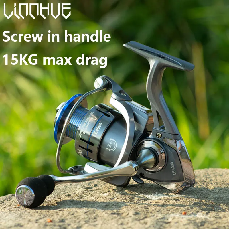 LINNHUE-carrete de pesca giratorio con mango atornillable, LE1000-6000, azul oscuro, 5,2: 1, alta velocidad, 8kg, arrastre máximo - imagen 3
