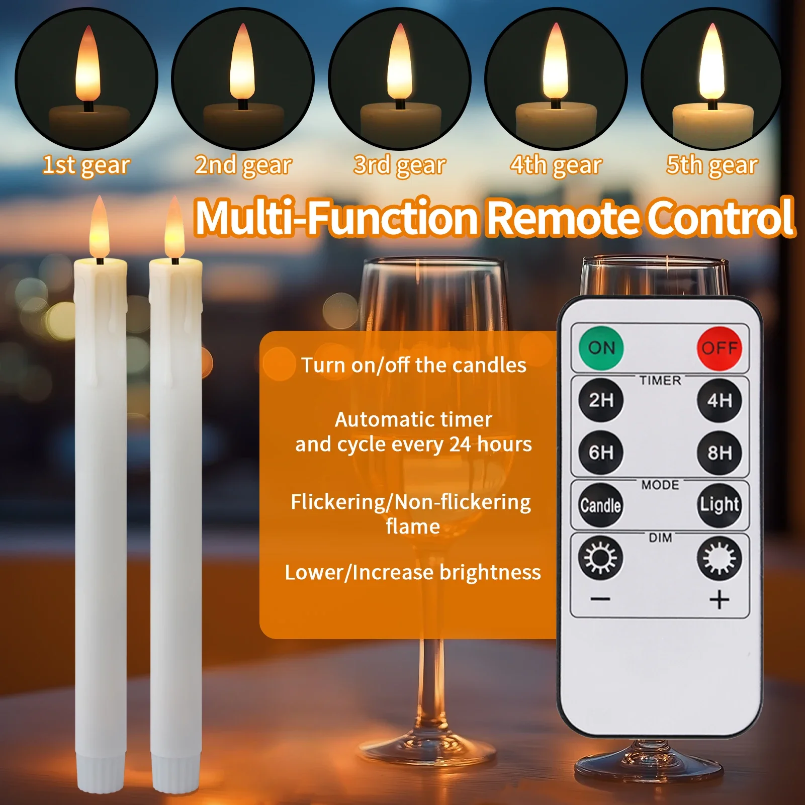 Velas cónicas recargables con control remoto y 24 Uds., cabezal de lámpara de plástico parpadeante, sin llama, cera de goteo, candelabros para ventana, decoración del hogar - imagen 3