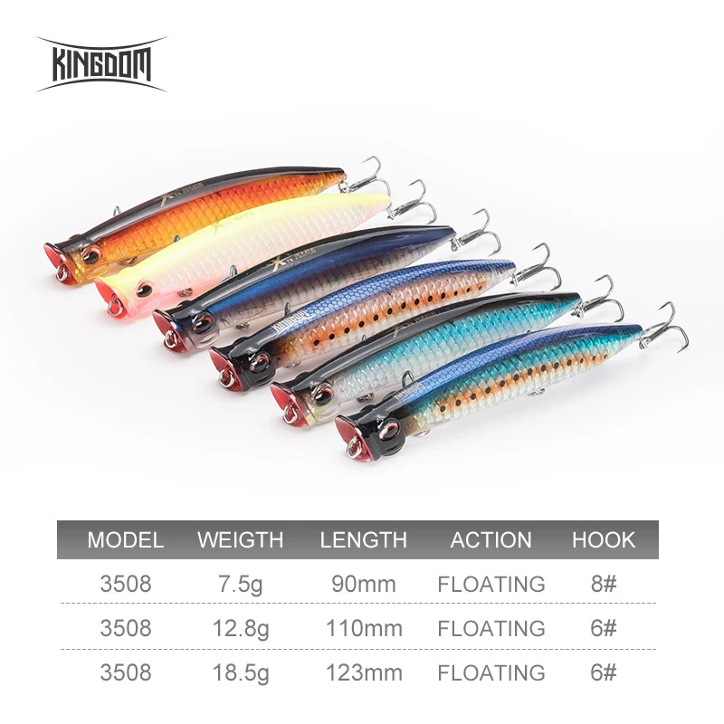 Señuelo de pesca Kingdom flotante Popper 7,5g 12,8g 18,5g 90mm 110m 123mm cebos duros artificiales Topwater pesca de trucha Wobblers - imagen 3