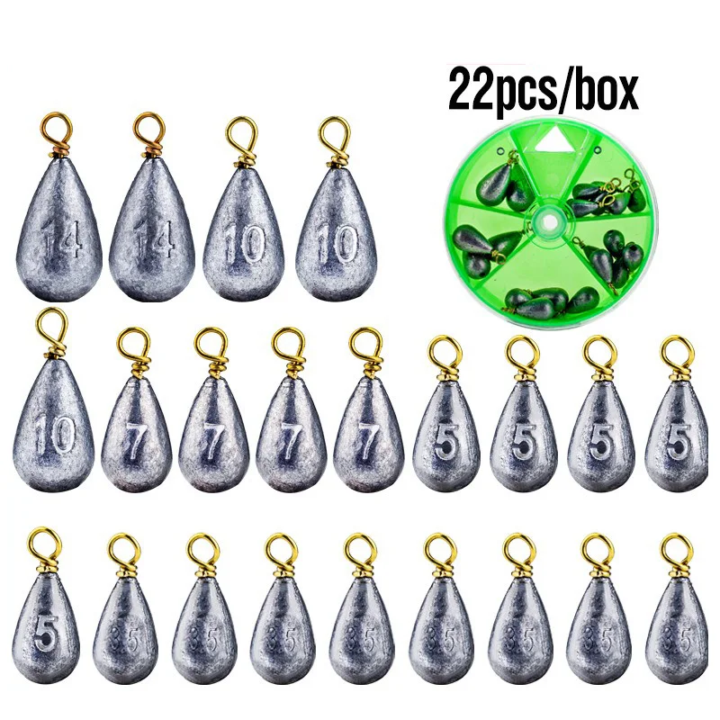 22 unids/caja pesas de pesca plomos de pesca en forma de lágrima plomo de pesca Bass Casting Drop Shot pesas para agua salada agua dulce