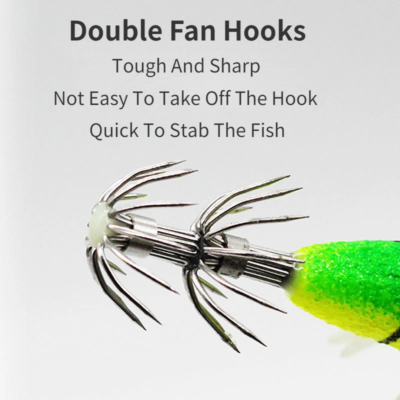 Lua-anzuelos de calamar de madera para camarones, cebos de Pesca de Mar, cebos falsos fluorescentes de todas las capas, 8 piezas - imagen 3