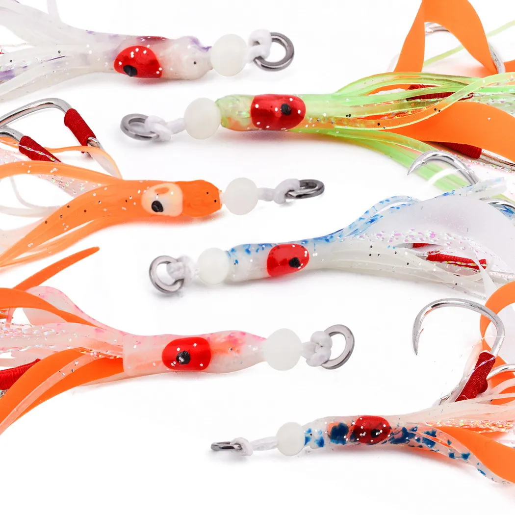 10 unids/bolsa, anzuelo de pesca de agua salada, accesorios de señuelo, anzuelos de falda de calamar suave, cebo de curricán, anzuelo de asistencia de plantilla lento brillante - imagen 4