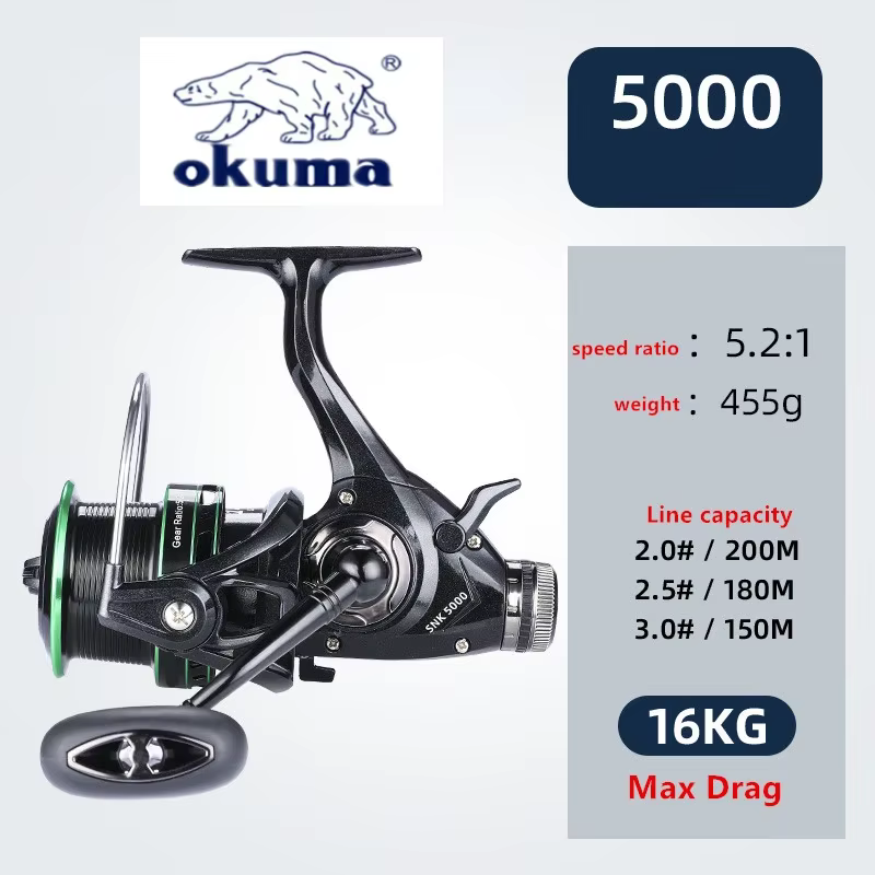 Carrete de pesca OKUMA de doble freno, relación de velocidad de arrastre 20Max 5,2: 1/14 + 1BB, rueda giratoria de copa de alambre totalmente metálico 3000-6000 - imagen 5