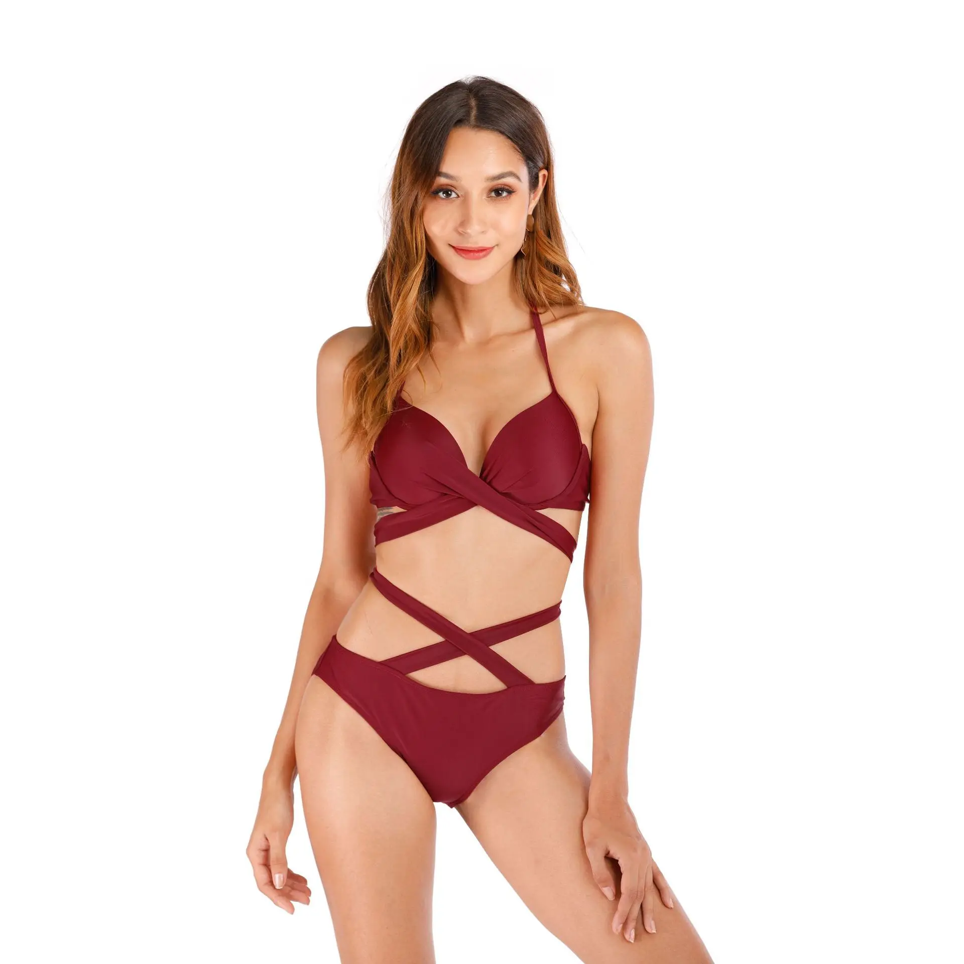 Conjunto de Bikini con tirantes para mujer, traje de baño Sexy con cuello Halter cruzado en la parte delantera, Tanga de corte alto, conjunto de 2 piezas - imagen 3