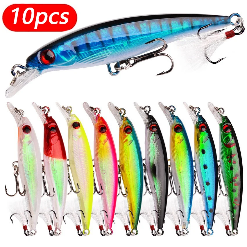 Juego de Señuelos de Pesca Minnow, 10 Uds., captura de lubina más rápida con gancho de pluma, cebo Artificial, equipo de pesca