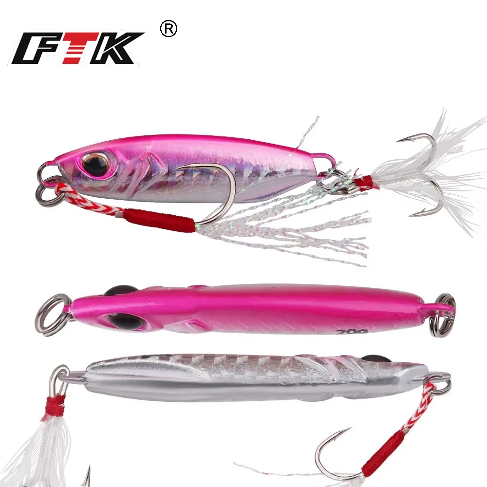 FTK 10g 20g 30g 40g Micro Jig señuelo de pesca anzuelo de asistencia ojos 3D Metal Jigging pesca en el mar cebo Artificial duro anzuelo triple