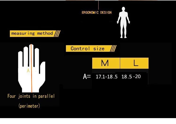 Una diapositiva o gráfico relacionado con el diseño ergonómico, centrándose específicamente en los métodos de medición y los tamaños de control. Incluye los siguientes elementos:

1. Una mano con una cinta métrica alrededor, que indica un método de medición para la circunferencia de la mano.
2