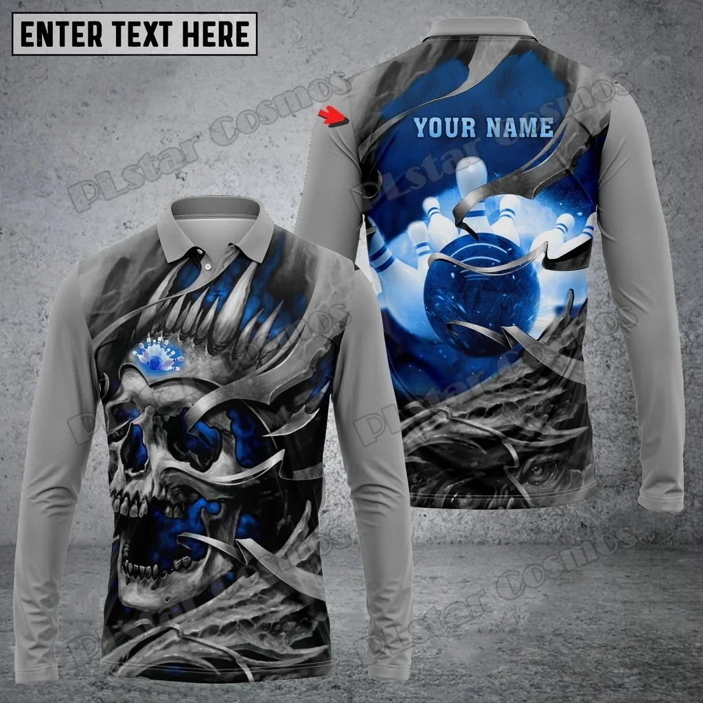 Polo de manga larga para hombre con estampado 3D de nombre personalizado Multicolor con diseño de calavera de bolos, Polo Unisex informal de otoño PLP85 - imagen 3