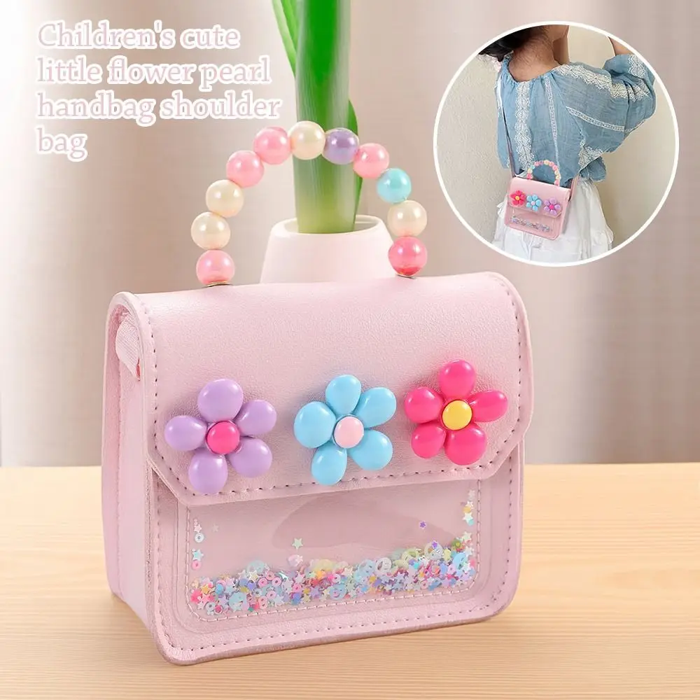 Bolso bandolera creativo con flores para niños, bolso de hombro con perlas de cuero PU, bandolera con lazo de dibujos animados