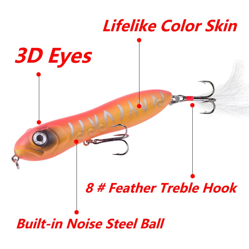 Señuelo de pesca Topwater, 1 pieza, 10 cm, 15,5 g, cabeza de serpiente pencil wobblers, señuelo artificial con 6 anzuelos con plumas, cebo artificial para lubina - imagen 4