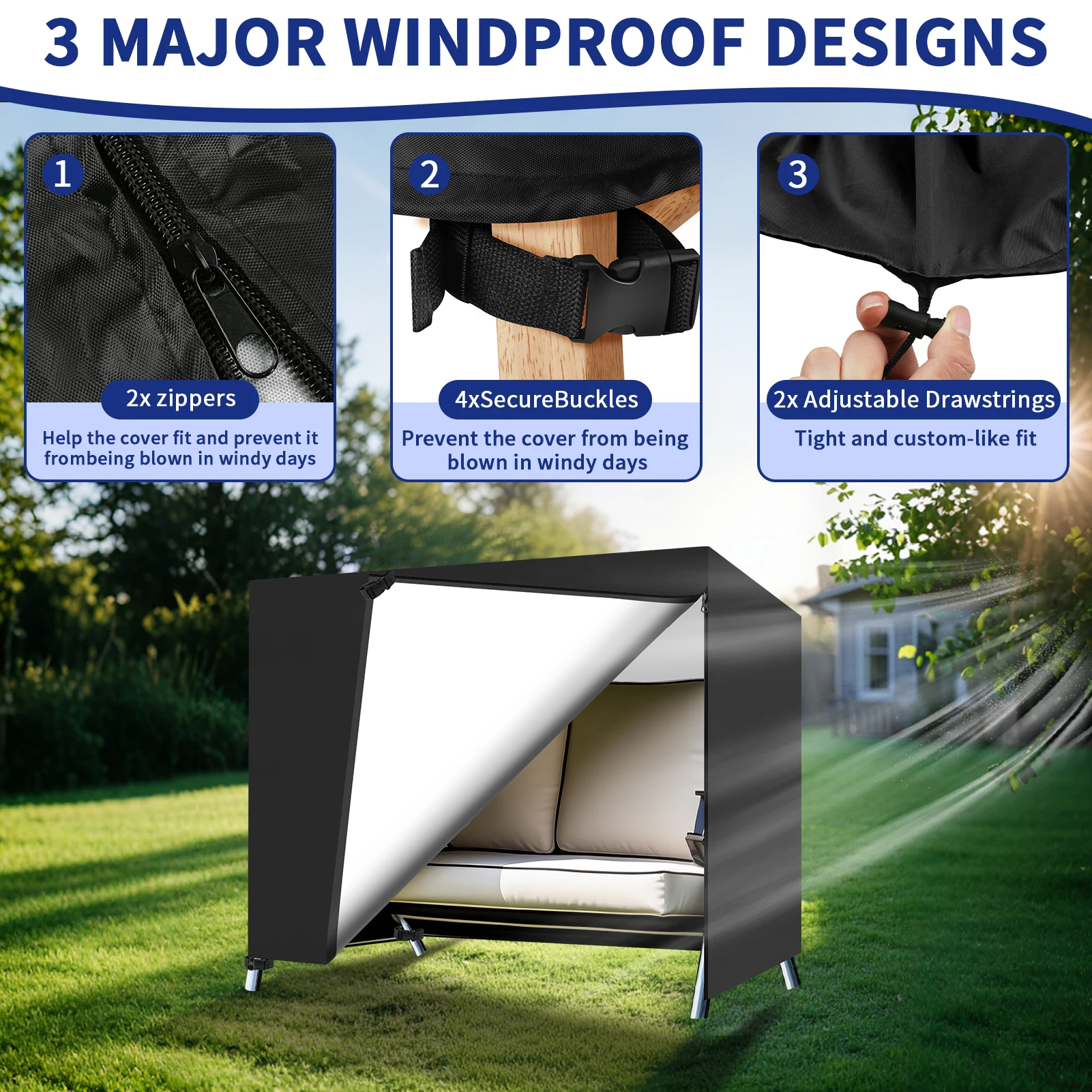 Fundas para columpio de jardín de 3 plazas, impermeables, resistentes, Oxford 210D, funda para silla columpio para exteriores, cubierta para hamaca de jardín y Patio con cremalleras - imagen 4