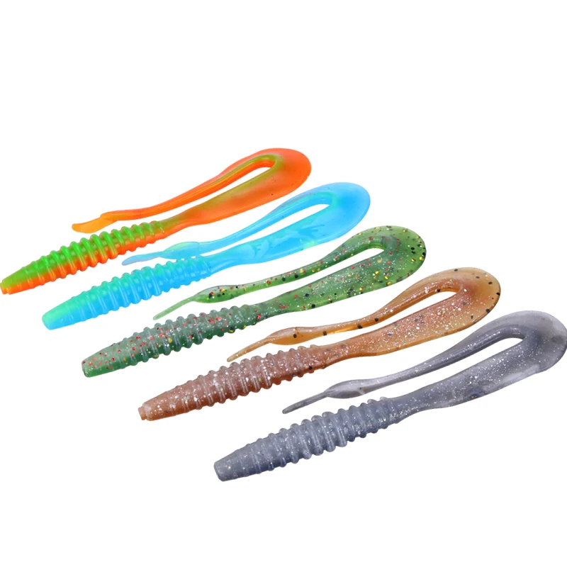 WEIHE-señuelo de pesca artificial suave, cebo de gusano TPR con brillos de cola más larga en el interior, swimbait flotante, 5 piezas, 1,8g, 8cm, 5 colores