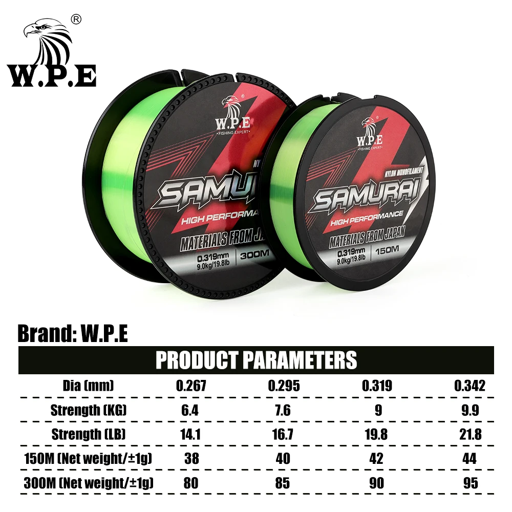 W.P.E SAMURAI 300m Nylon Monofilament Fishing Line 0.267mm-0.342mm Bass Carp Fishing Tackle Main Line Sinking Line 14.1-21.8lb - imagen 2