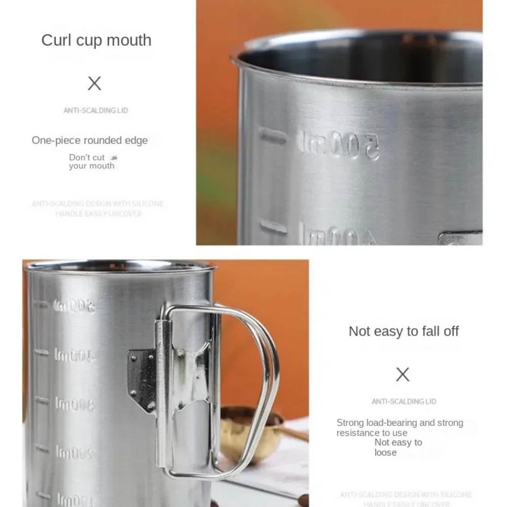 Nueva taza de Camping de acero inoxidable con tapa, mango plegable, taza de café para acampar, taza de agua de 350/500ml para senderismo y viajes - imagen 5