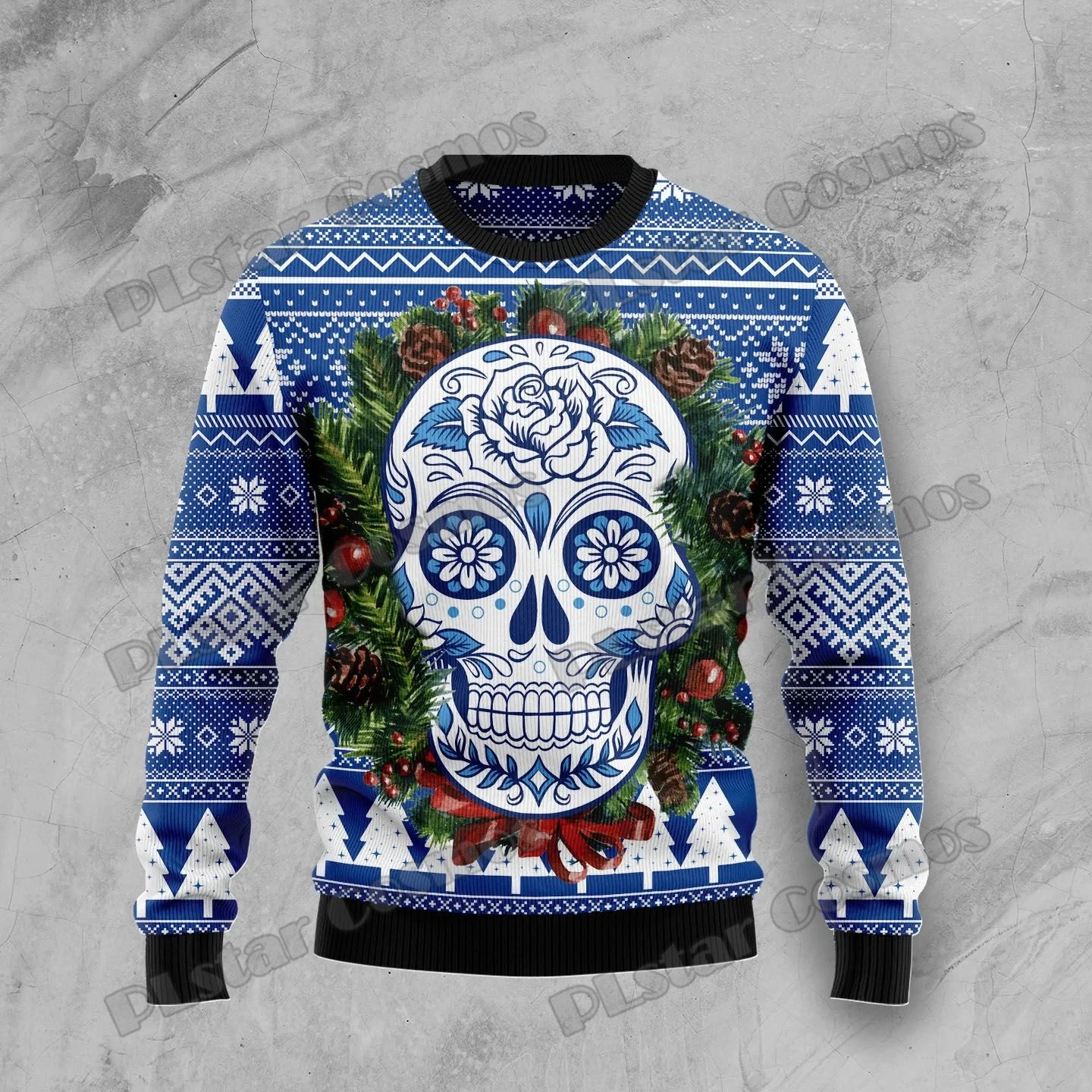 KMY14 Suéter navideño unisex calavera 3D y flores
