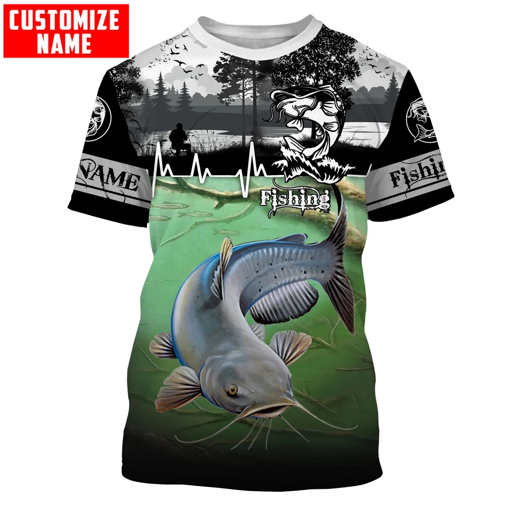 Peces de gato pesca peces de agua dulce personalizar nombre 3D completamente impreso camiseta para hombre estilo fresco de verano camiseta Casual Unisex TX272