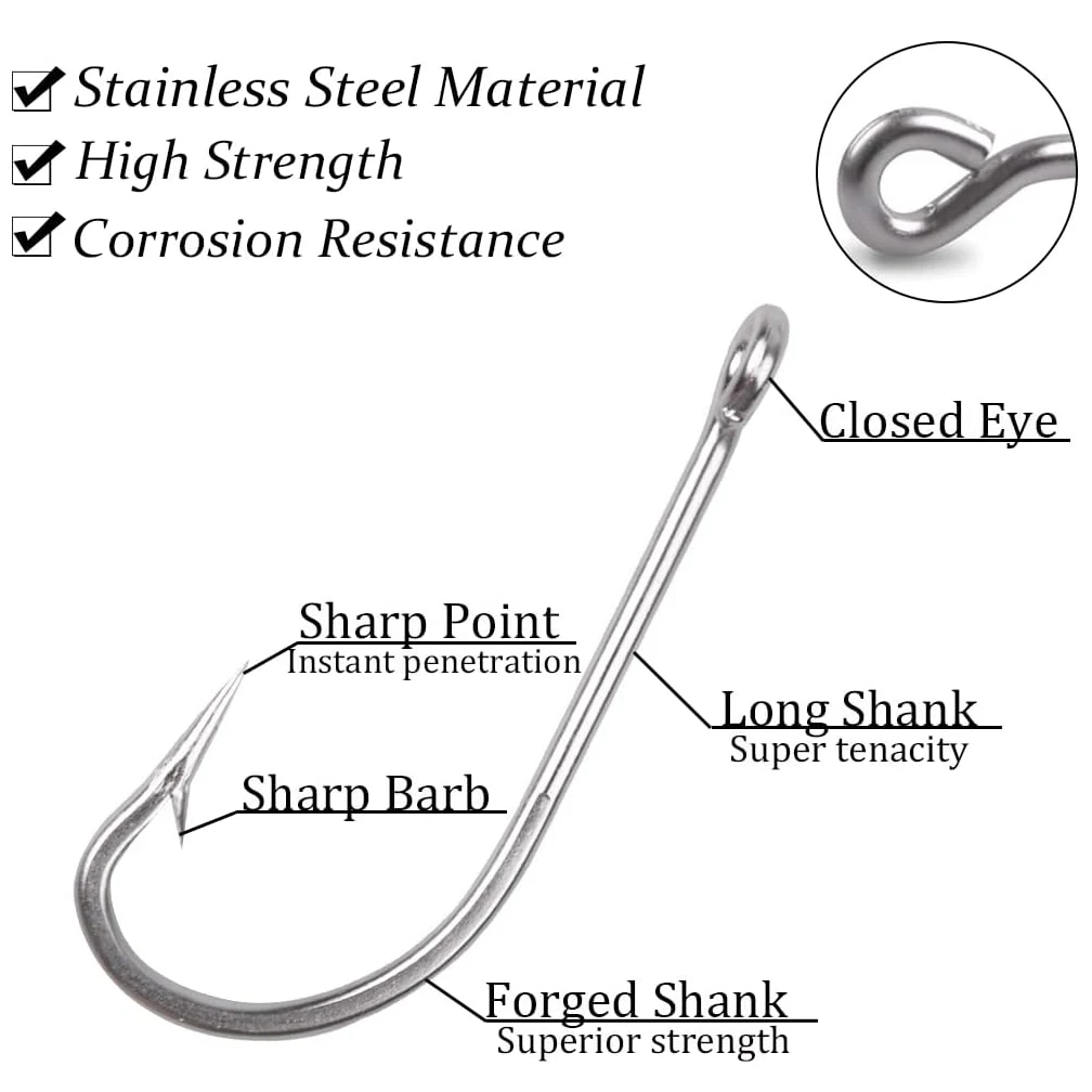 Anzuelo de pesca de mar de acero inoxidable, anzuelos de caña larga extremadamente afilados, tamaño 8/0 para peces de aguas profundas, juego de pesca grande de agua salada, 3 uds. - imagen 2