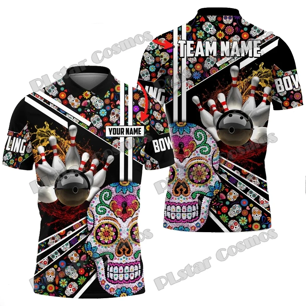 Camisas Polo para hombre con estampado 3D de nombre personalizado Multicolor de bolos y alfileres de calavera de azúcar, Polo Premium Unisex informal de verano PLP59 - imagen 2