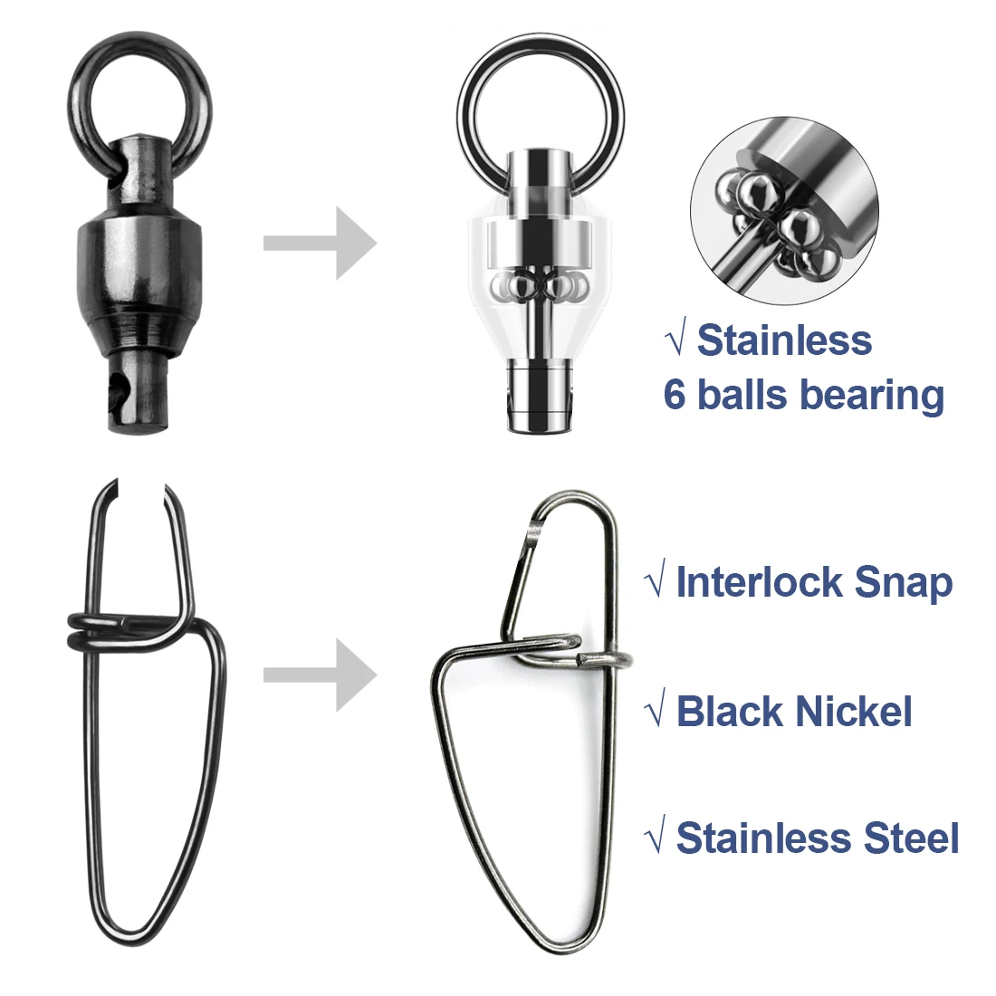 FishTrip-rodamiento de bolas Crosslock, Conector de pesca de enclavamiento, acero inoxidable, níquel negro, paquete de 20 ~ 100 - imagen 3