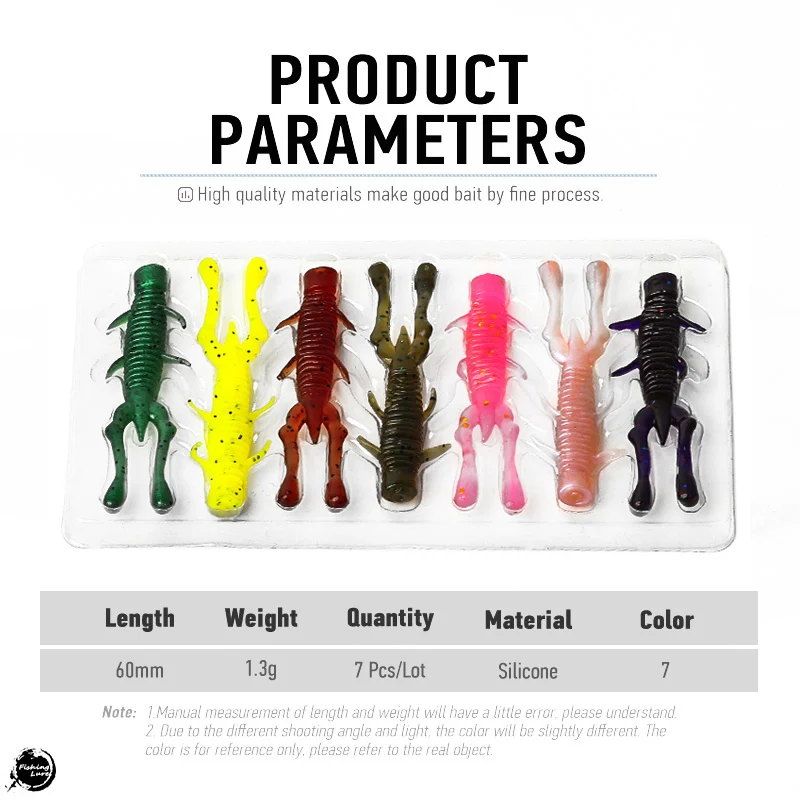 ARDEA-señuelo de pesca suave de silicona, cebo giratorio TPR de 57mm/7 piezas, gusano de Camarón, Crayfish Wobbler, Twin Tails, aparejos biónicos flotantes - imagen 2