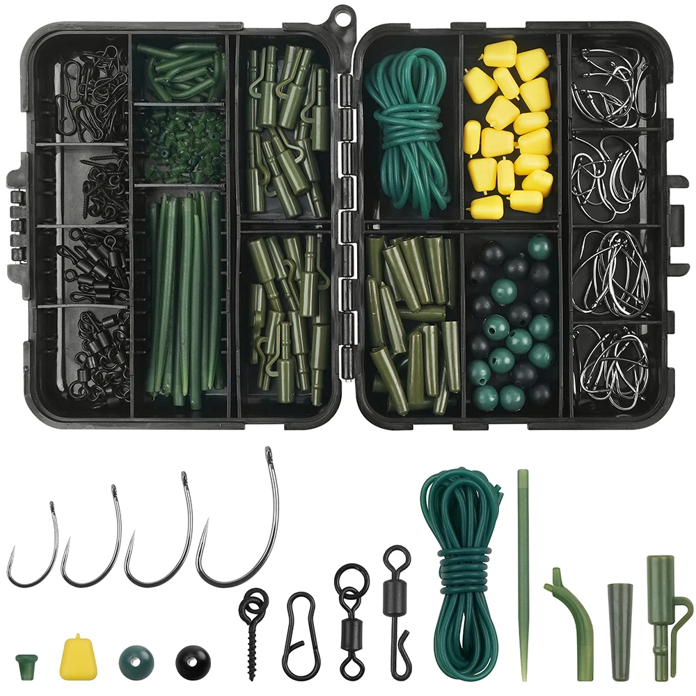 Kit de fabricación de aparejos de pesca de carpa, 246 Uds., incluye anzuelos sin púas, giratorios, Clips de seguridad, mangas de tubo de goma, varios accesorios para aparejos de carpa