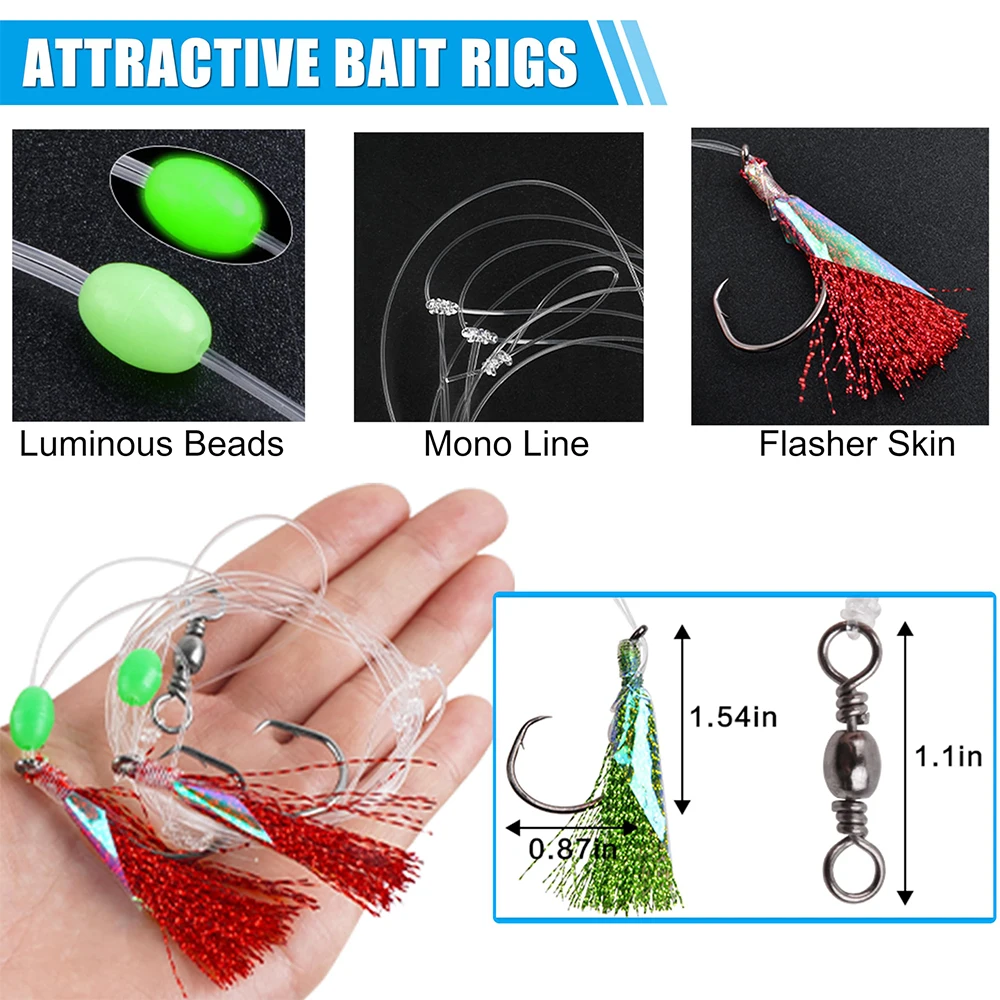 2 paquetes de aparejos de cebo de pesca, aparejos de flotador de agua salada con anzuelos circulares, Mono líder giratorio, cuentas brillantes de piel de pescado para Rockfish, lubina - imagen 3