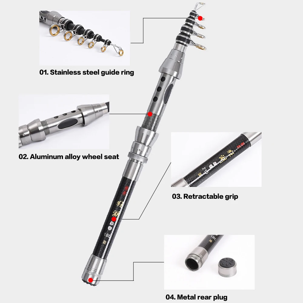 SIECHI-caña giratoria telescópica para Surf, caña de pescar de fundición a tierra de carbono, potencia de 8-28g, 30T, 1,5/1,8/2,1/2,4/2,7 m - imagen 3