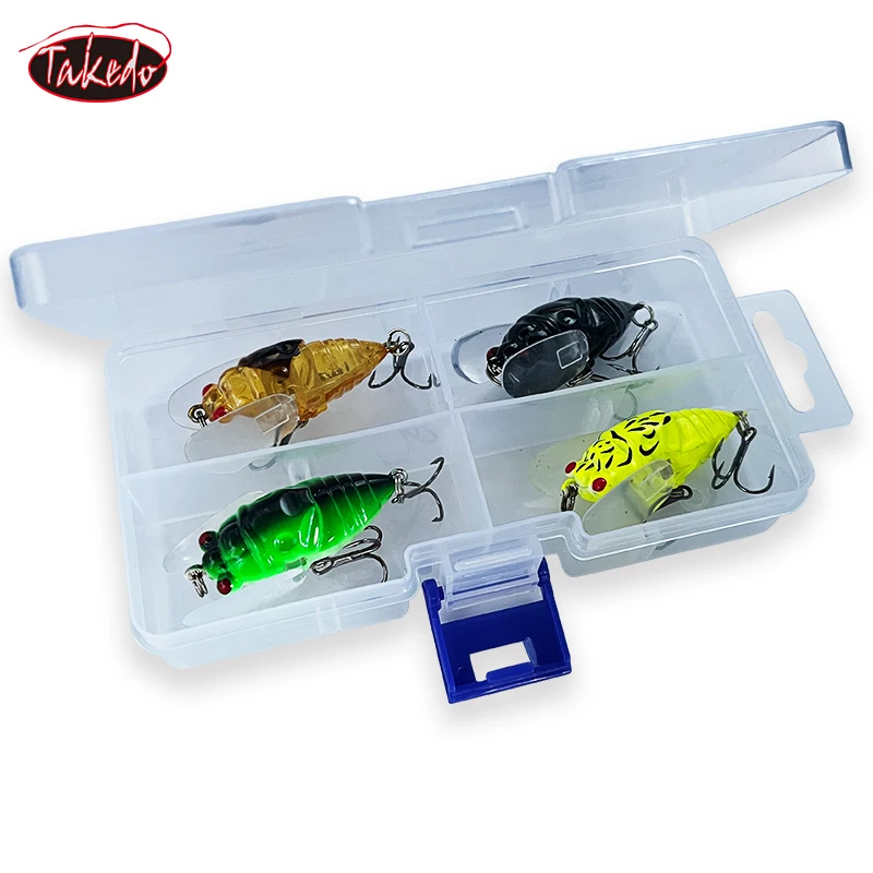 TAKEDO 4 Uds señuelo de pesca de cigarra 5CM 6G Wobblers Crankbait de agua superior con 8 #   Cebo artificial con anzuelos triples para carpa y bajo - imagen 5