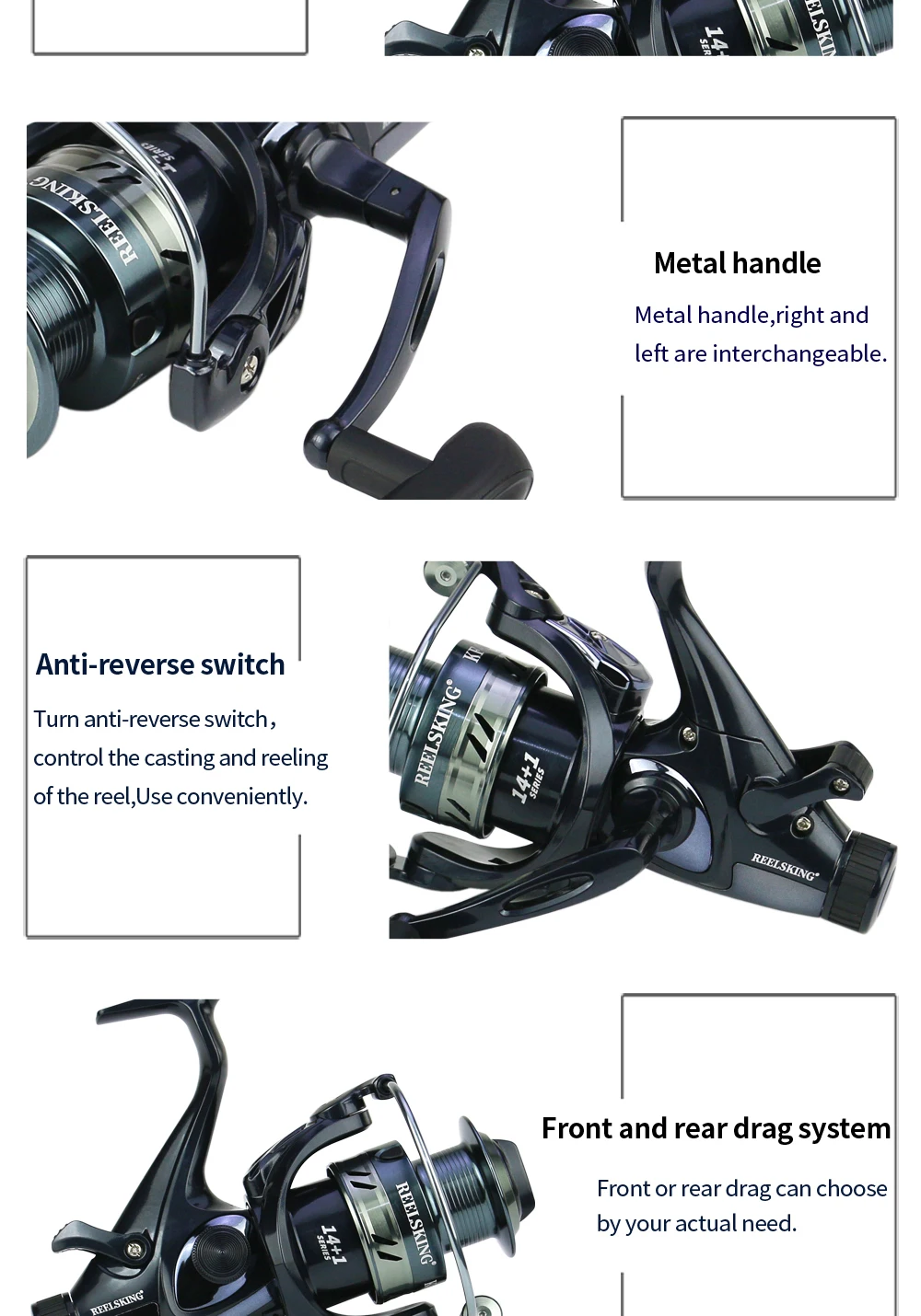 Experimente una pesca sin costuras con este carrete de pesca avanzado con un mango de metal, interruptor anti-reverso y sistema de arrastre delantero/trasero para un rendimiento óptimo
