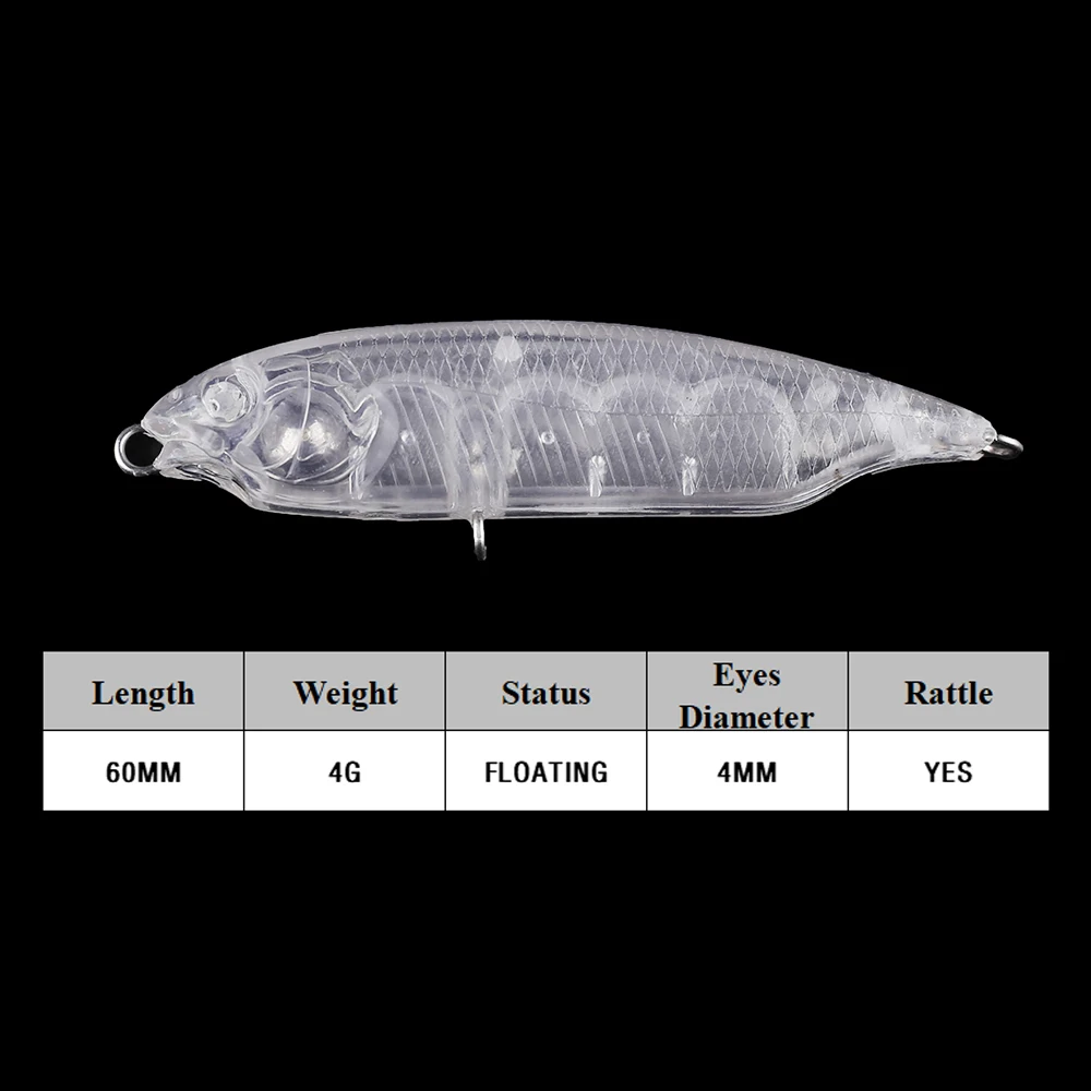 Chan'sHuang-Cebo en blanco sin pintar, 30 piezas, 6cm, 4g, sonajero flotante, lápiz Topwater, señuelo de pesca Artificial hecho a mano - imagen 2