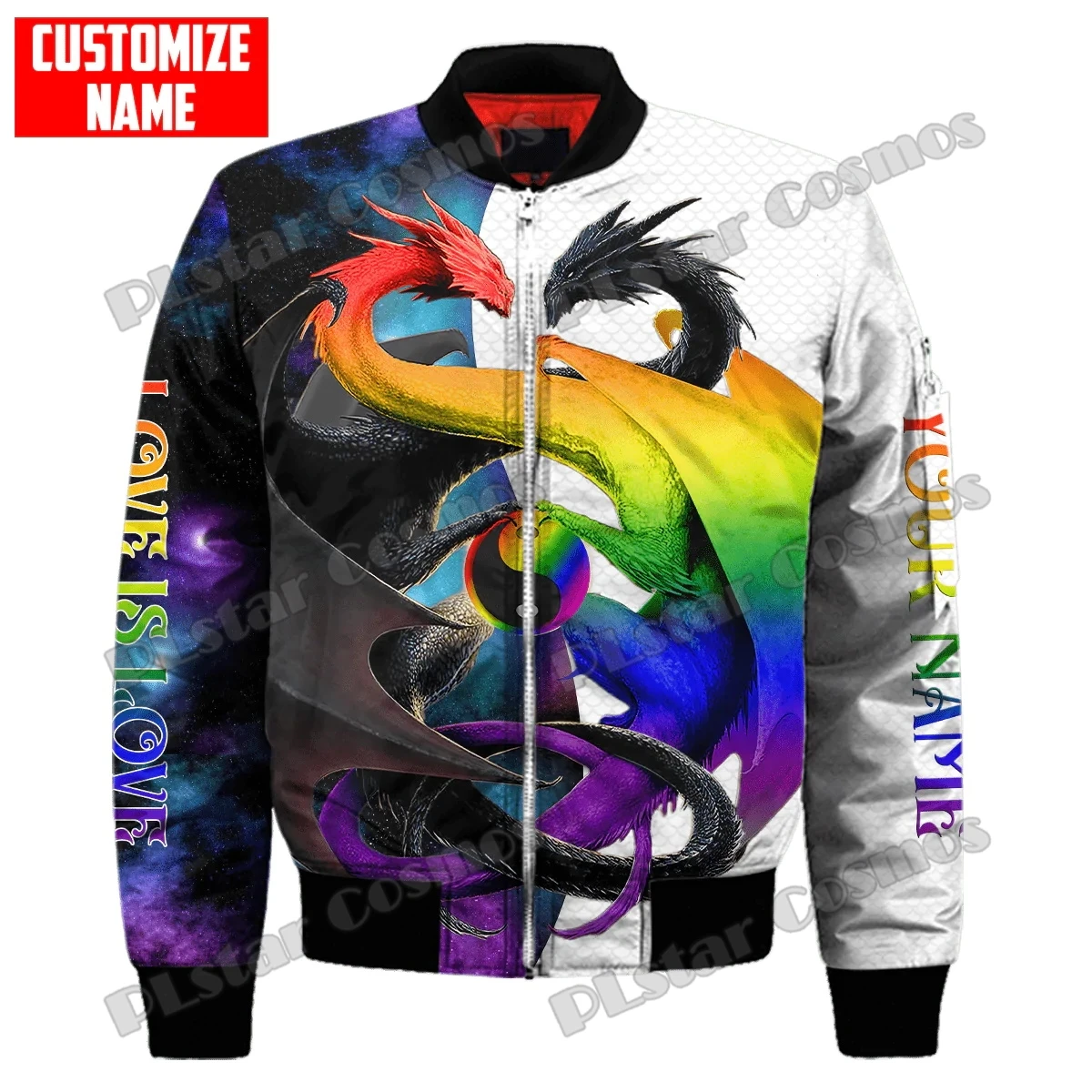 Chaqueta Bomber de invierno para hombre, tatuaje de dragones azules, nombre personalizado, estampado 3D, abrigo grueso con cremallera y bolsillo, chaqueta cálida informal Unisex con cremallera FX-15 - imagen 2
